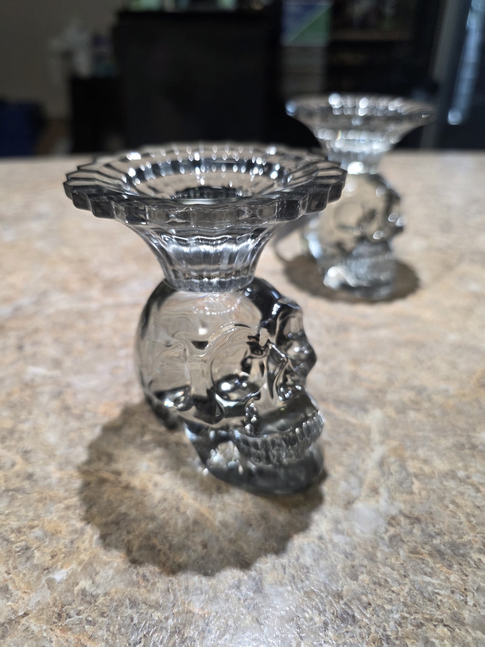 Place & Time Halloween Skull Glass Taper Candle Holders Set of 2 Gothic Decor